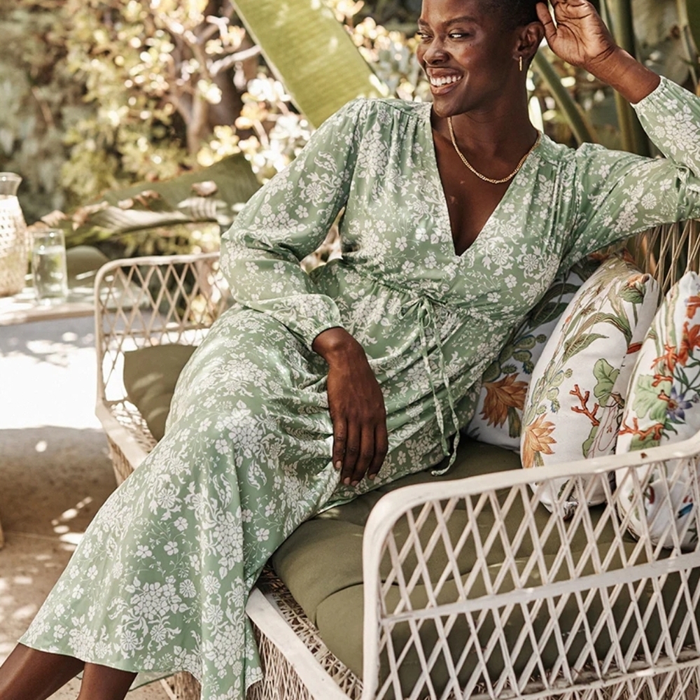 Summersalt Cinched Waist Caftan Floral Green Dress